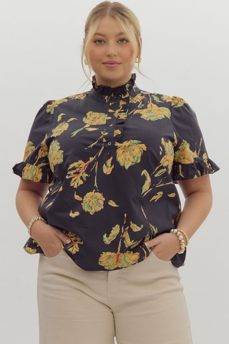 Black Fun Floral Plus Top