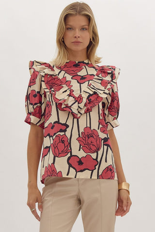 Red Floral Ruffle Top