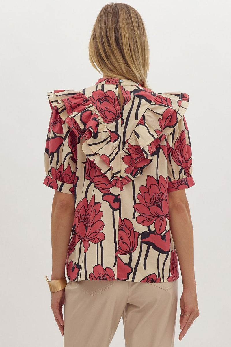 Red Floral Ruffle Top