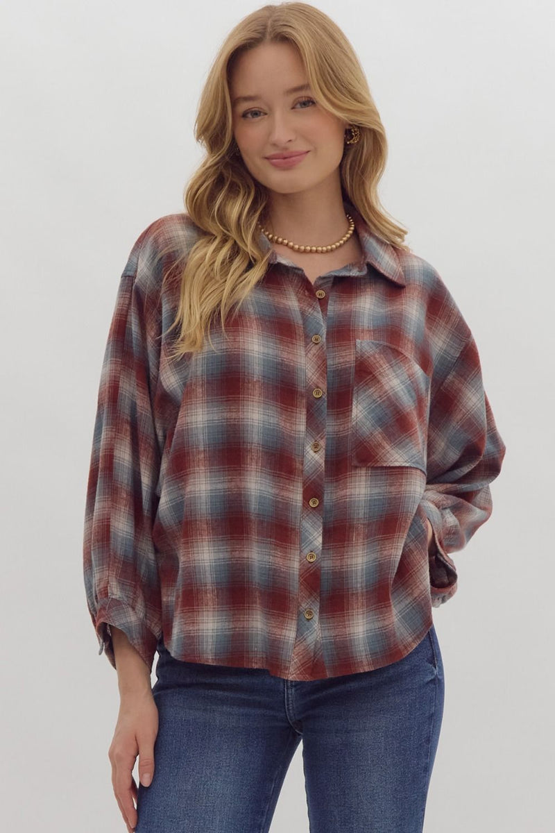 Brown Plaid Button Up Top