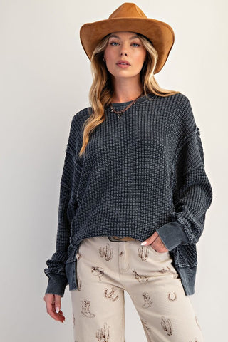 Black Mineral Wash Thermal Pullover