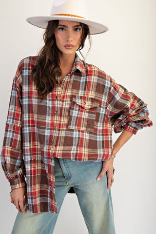 Mocha Washed Plaid Shirt Tunic