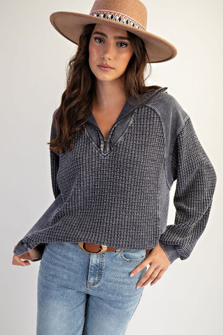 Ash Navy Zip Up Washed Thermal Pullover