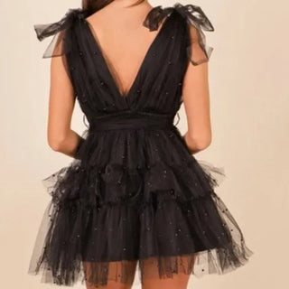 Limelight Black Tiered Tulle Mini Dress with Bow Shoulders-lisa#5