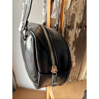 Madden Girl Black Faux Leather Shoulder Bag with Red Pom Pom Charm