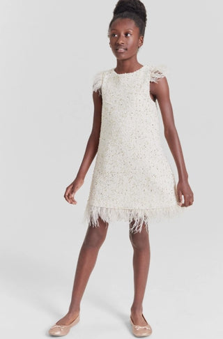 Rare Editions Girls 16 Gold Foil Boucle Dress Feather Fringe dress