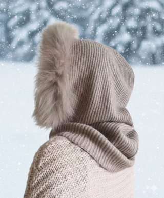 100% Cashmere hooded scarf hat with fur trim