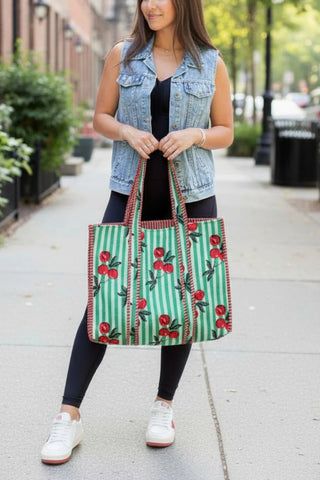 Campbell Green Striped Cherry Tote Bag