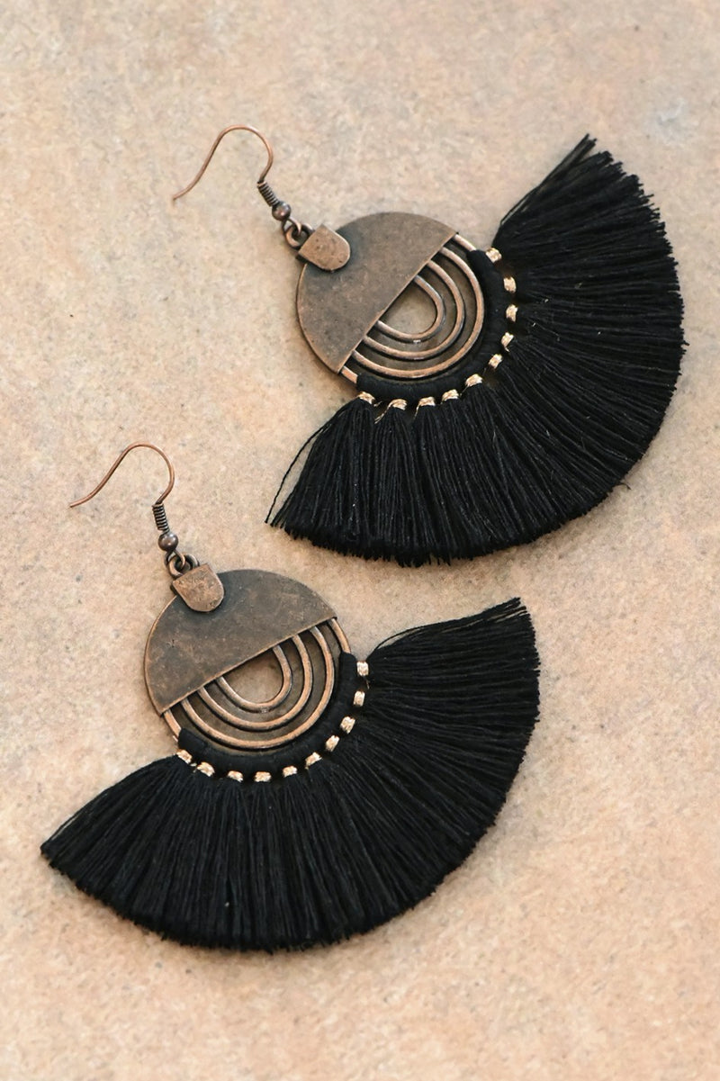 Black Boho Fan Tassel Earrings