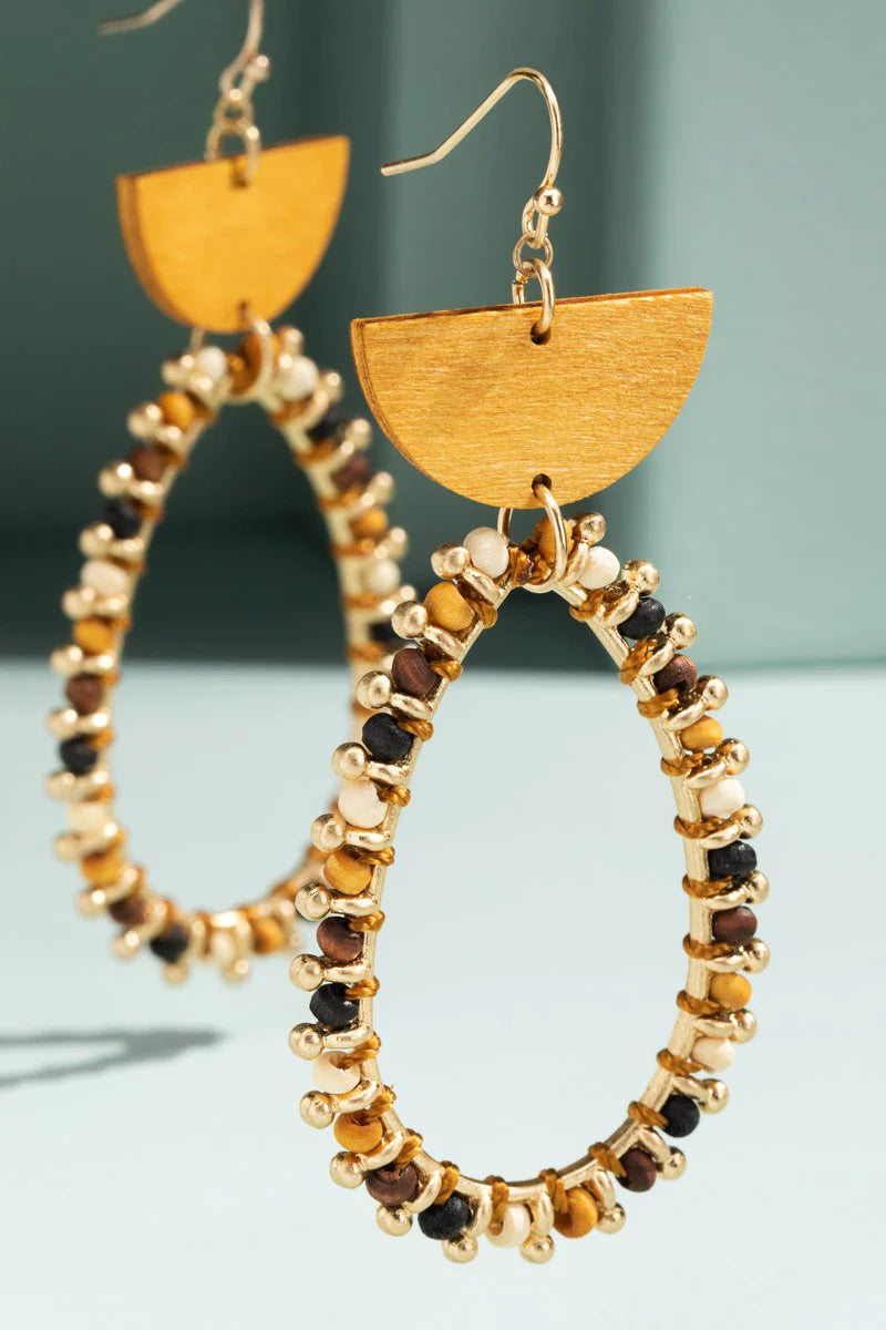 Wood Beaded Teardrop Earrings