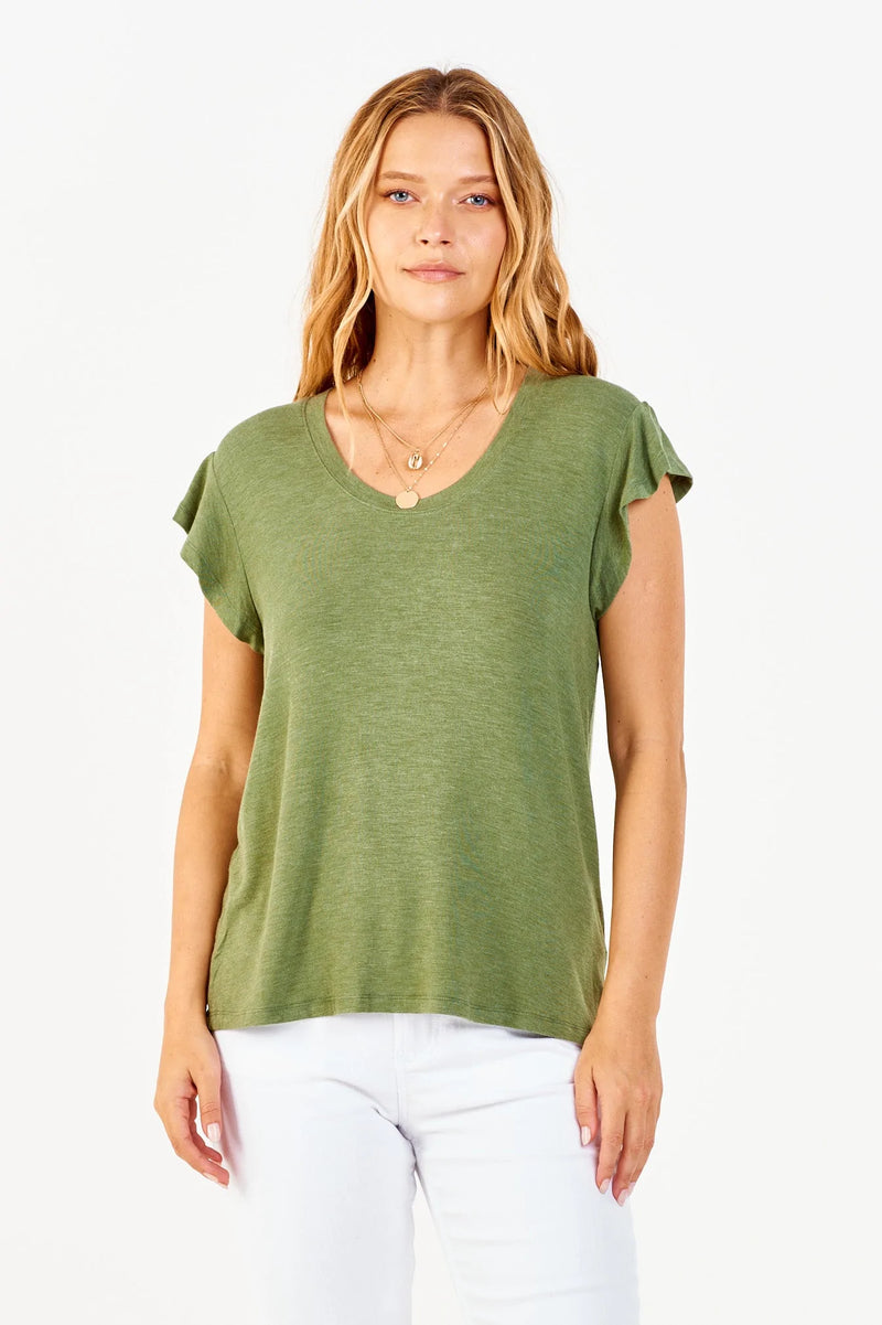 Jaqui Flutter Sleeve Top in Olive Oil by Another Love