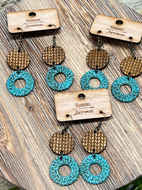 Round Mint & Wood Boho Earrings